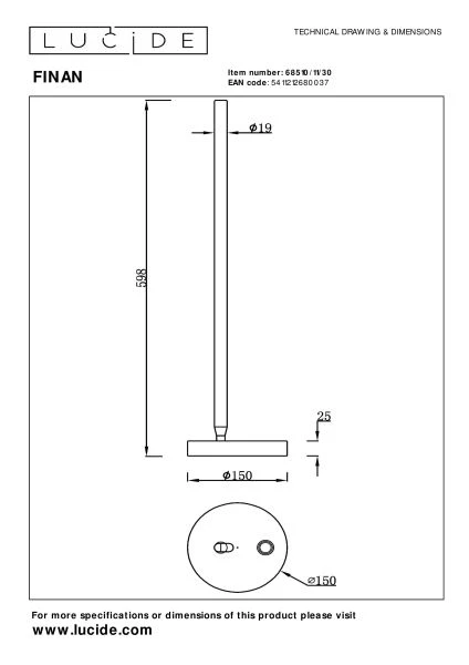 Lucide FINAN - Tafellamp - LED 3 StepDim - 1x12W 2700K - Zwart - technisch